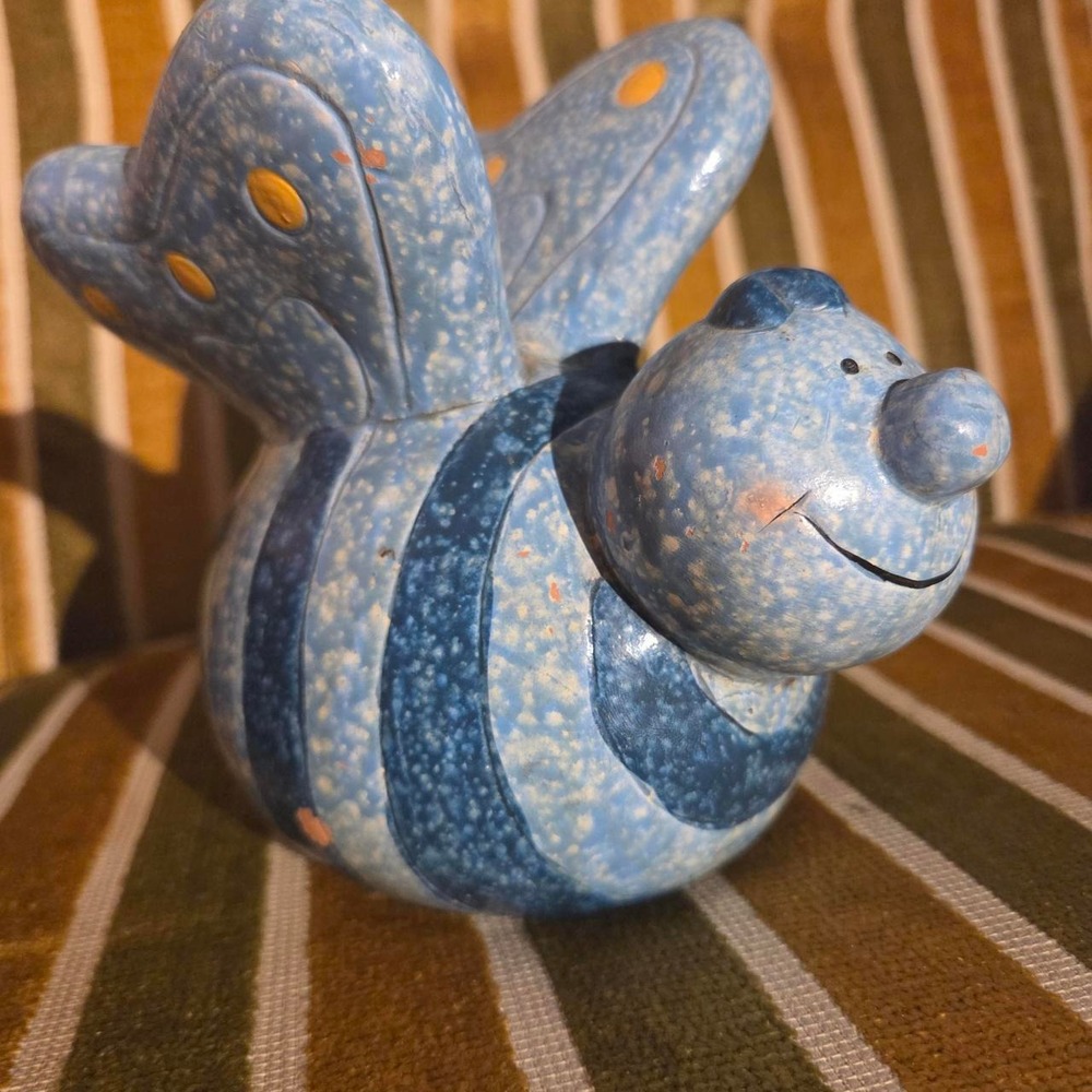 Vintage 1960s 1970s Clay Speckled Whimsical Striped Bee Ornament Figurine Blue